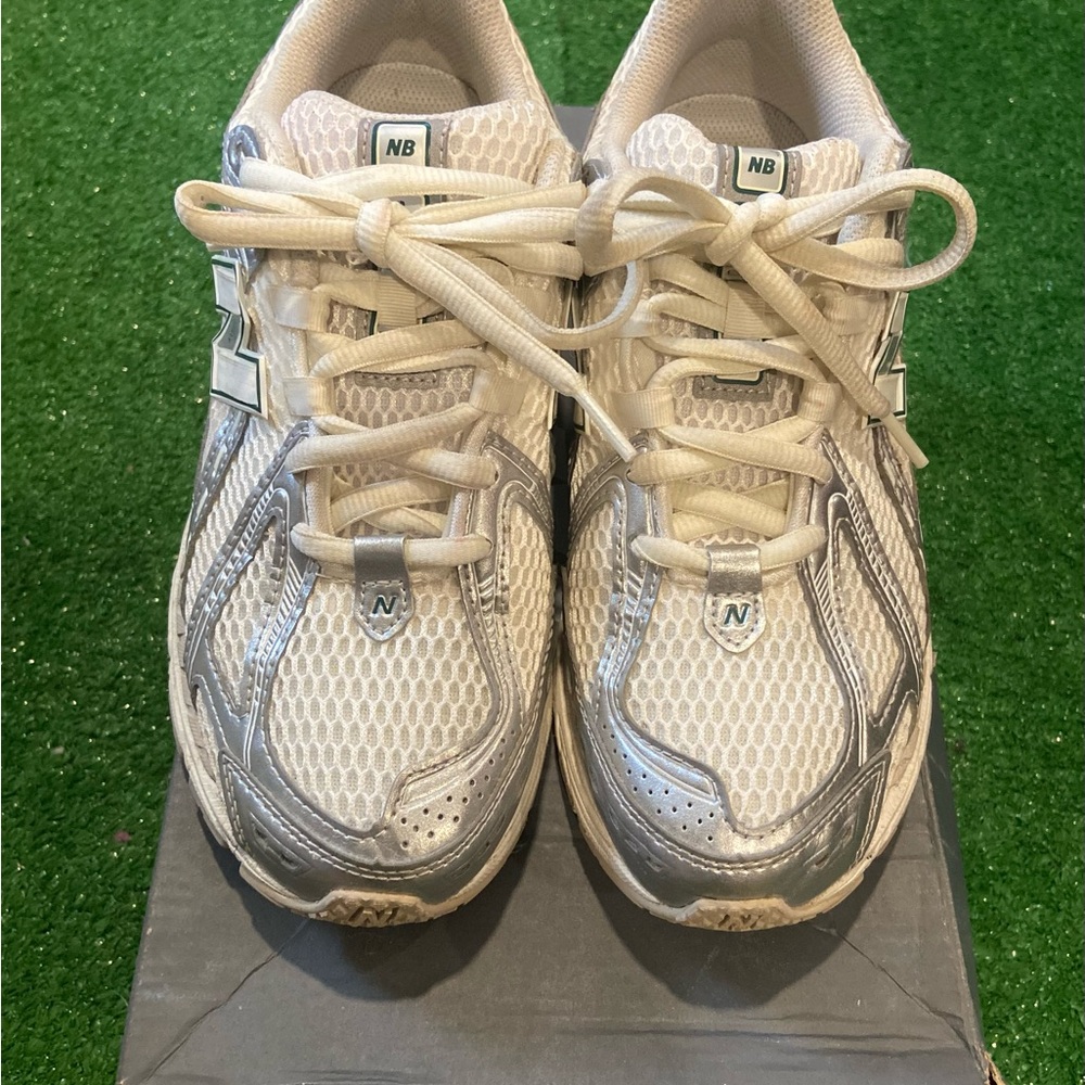 New Balance White and Silver Athletic Shoes